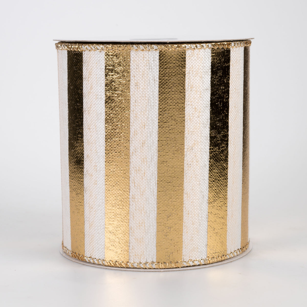 4" Linen Embossed Metallic Stripes Ribbon: Gold on White (10 Yards)