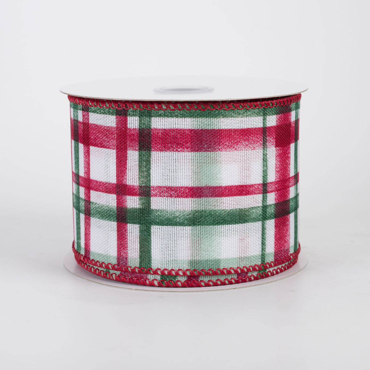 2.5" Linen Tuttola Plaid Ribbon: Cranberry Christmas on White (10 Yards)