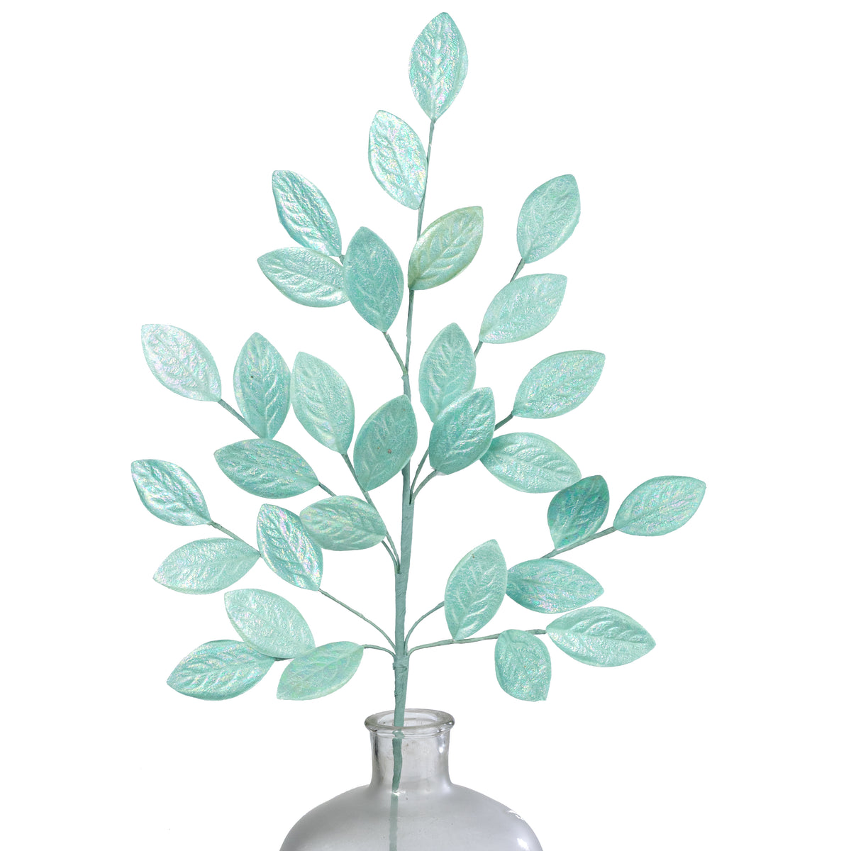 30" Glossy Iridescent Leaves Spray: Mint Blue