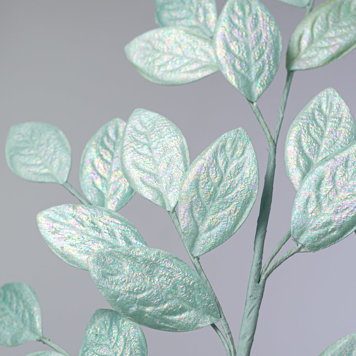 30" Glossy Iridescent Leaves Spray: Mint Blue