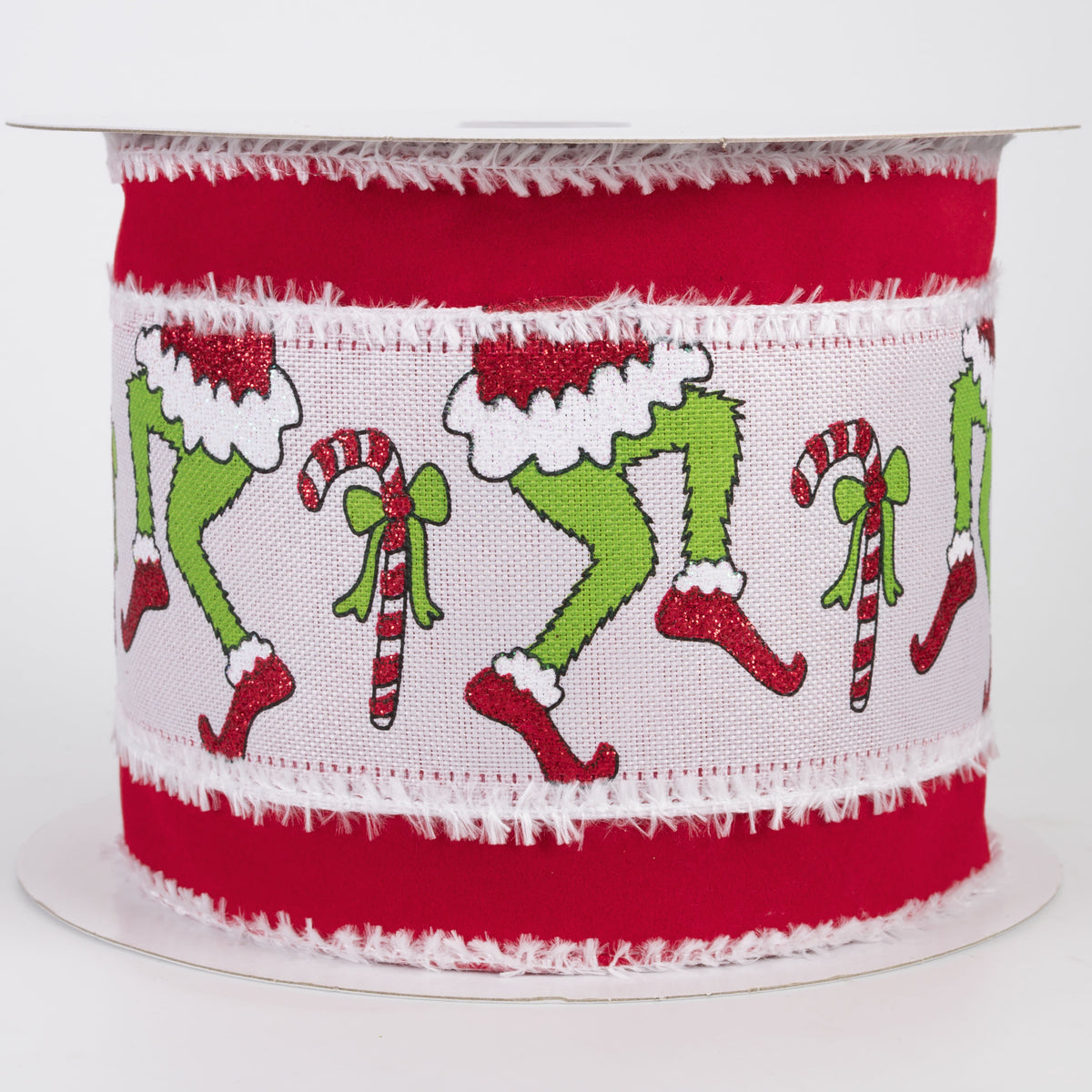 4" Velvet Edge Christmas Green Monster Legs & Candy Canes Ribbon: Red (10 Yards)
