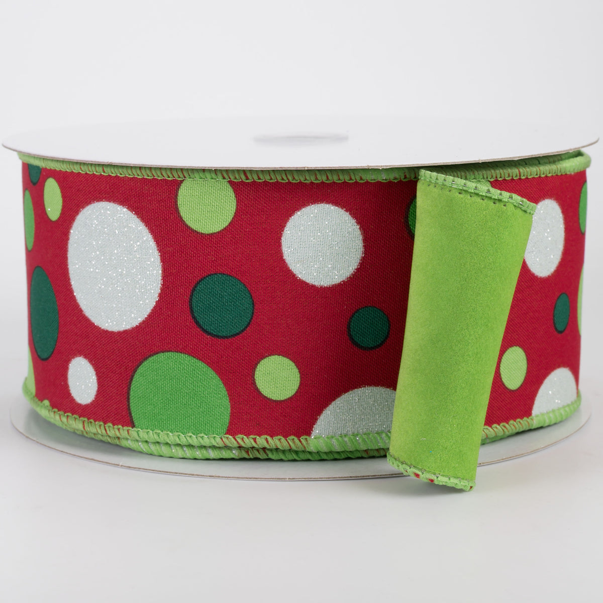 2.5" Double Sided Velvet & Satin Polka Dots Ribbon: Lime Christmas (10 Yards)