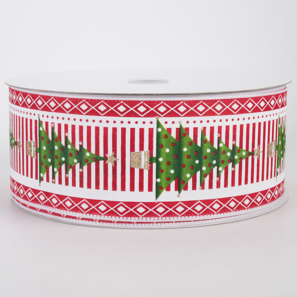 2.5" Satin Christmas Trees on Stripes Harlequin Edge Ribbon: Red & White (50 Yards)