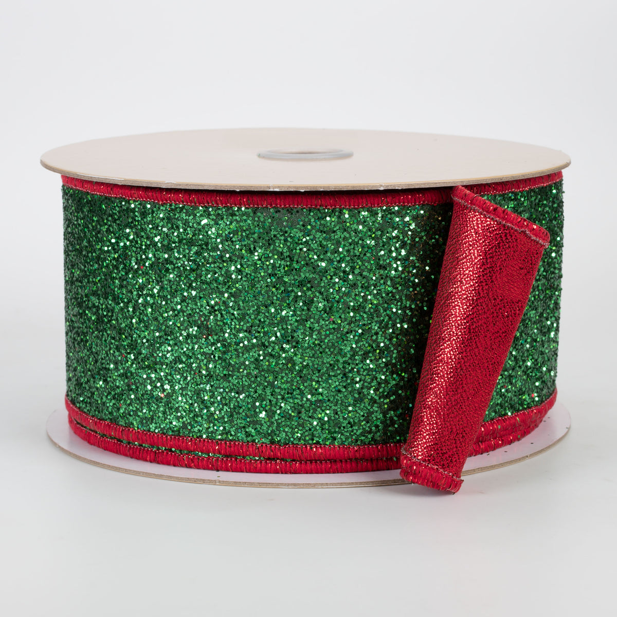 2.5" Double Sided Fused Laser Glitter Ribbon: Emerald Green & Red (10 Yards)