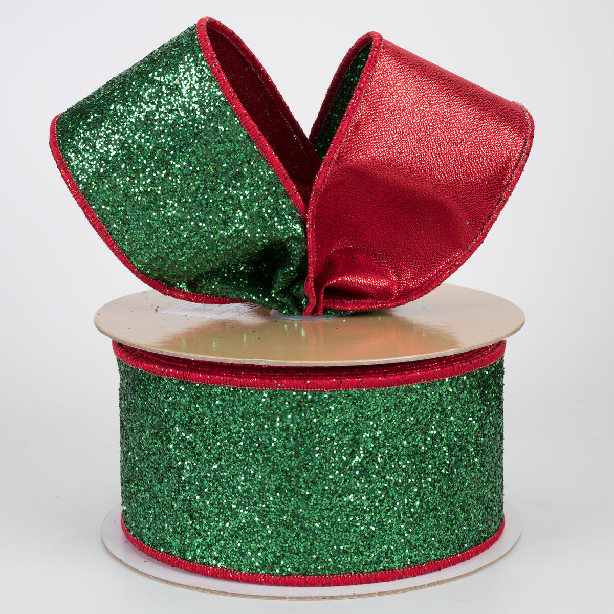 2.5" Double Sided Fused Laser Glitter Ribbon: Emerald Green & Red (10 Yards)