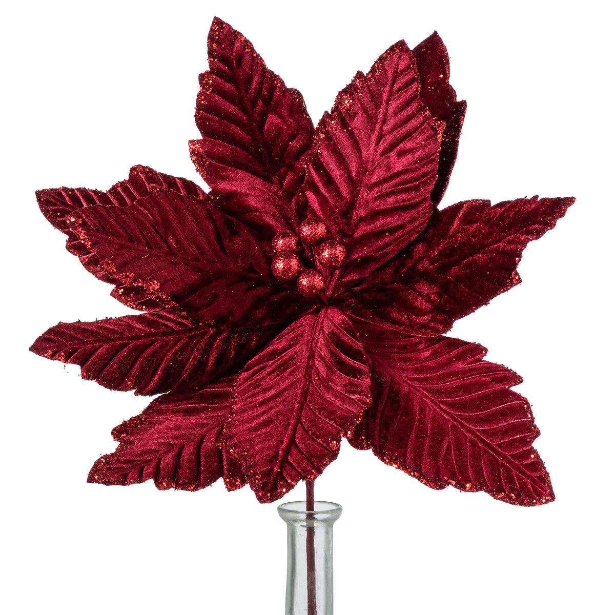 14" x 16" Velvet Poinsettia Stem: Burgundy Red
