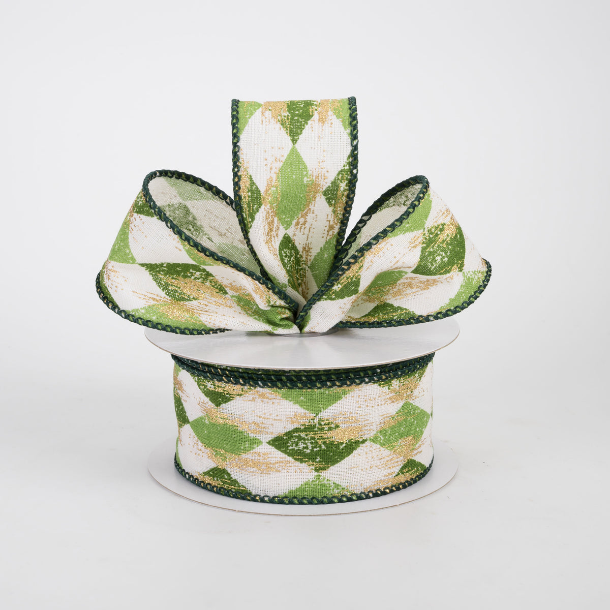 1.5" Canvas Harlequin Gold Painted Ribbon: Cream, Moss & Kiwi (10 Yards)