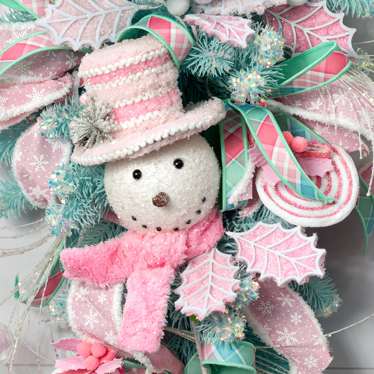 23" Snowman Head Fuzzy Fabric Spray: Pink & White