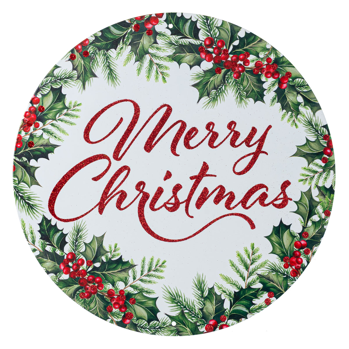 12" Metal Sign: Glitter Merry Christmas Holly