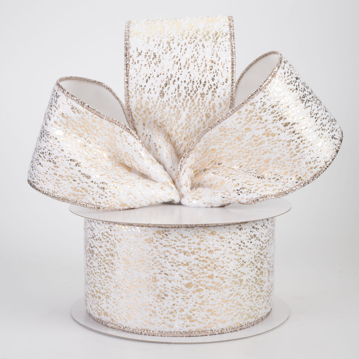 2.5" Metallic Mist on Short Fur Ribbon: Champagne on White (10 Yards)