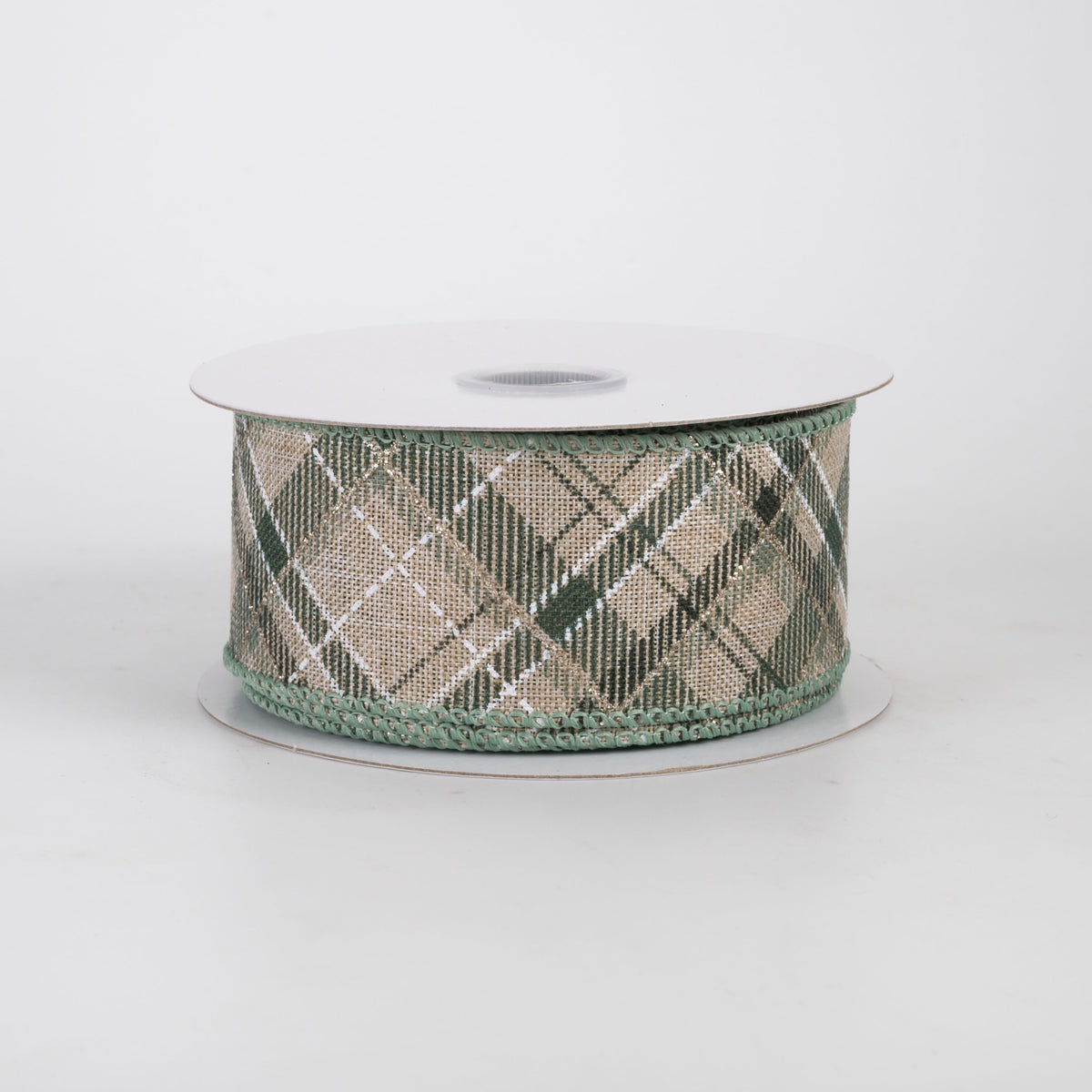 1.5" Linen Argyle Plaid Ribbon: Sage, Champagne & Hunter on Natural (10 Yards)