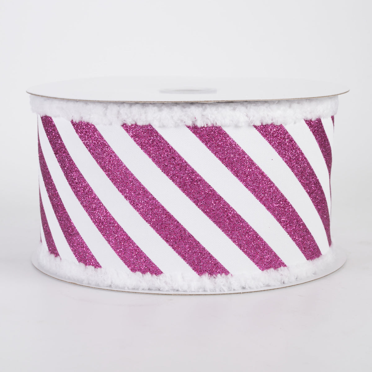 2.5" All Flat Glitter Candy Cane Stripe Snow Edge Ribbon: Fuchsia & White (10 Yards)