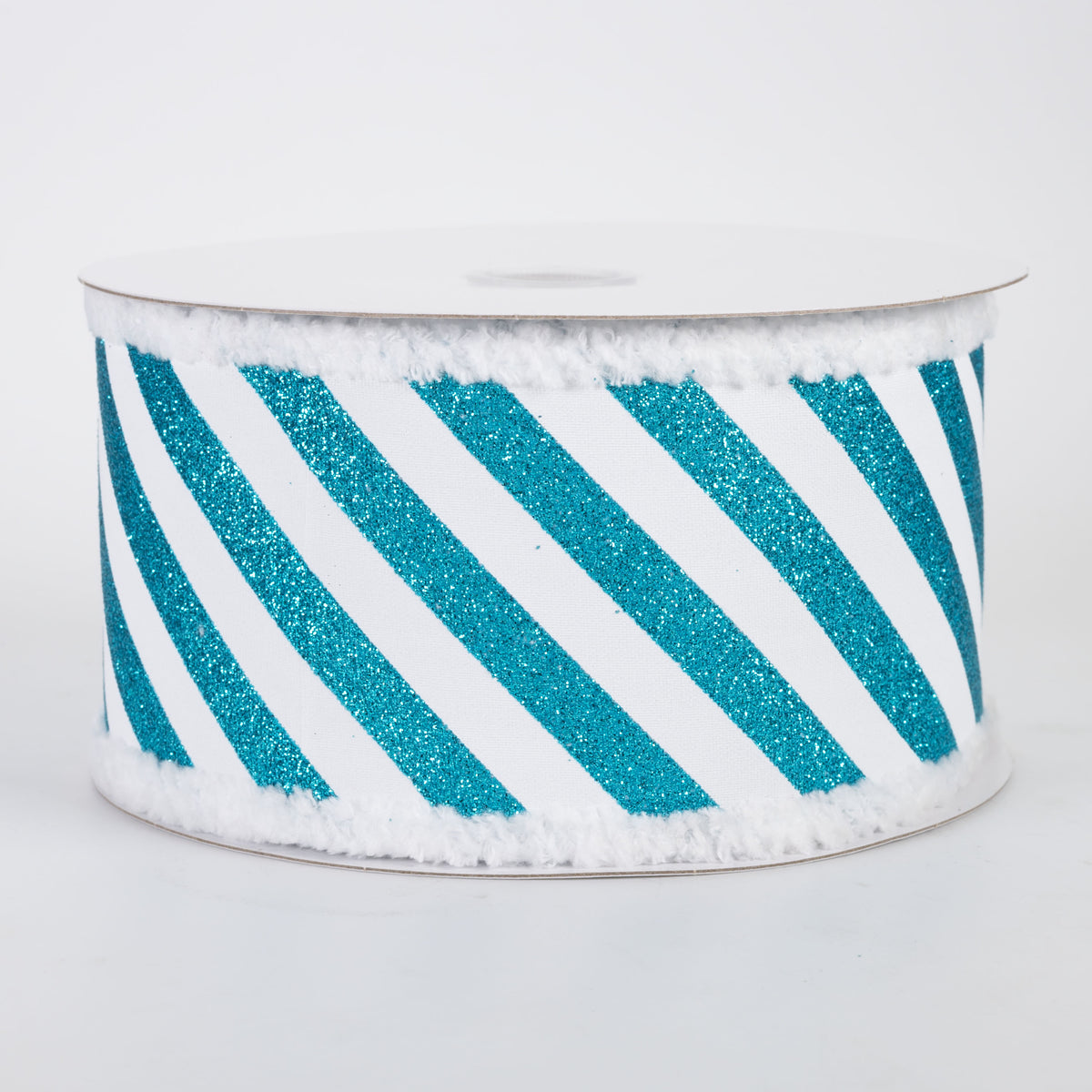 2.5" All Flat Glitter Candy Cane Stripe Snow Edge Ribbon: Turquoise & White (10 Yards)