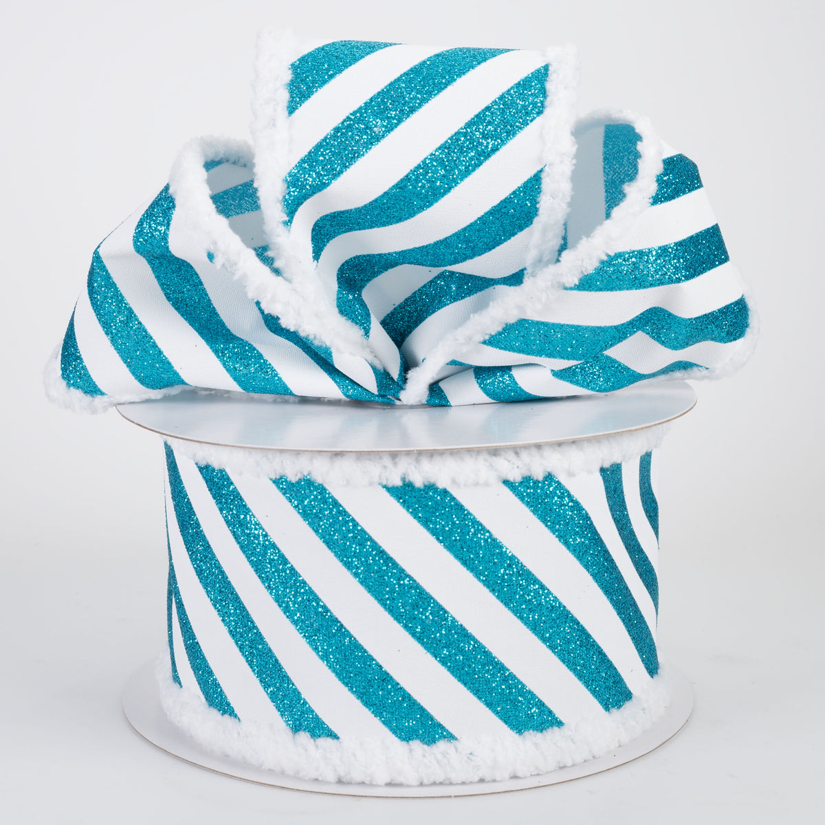 2.5" All Flat Glitter Candy Cane Stripe Snow Edge Ribbon: Turquoise & White (10 Yards)