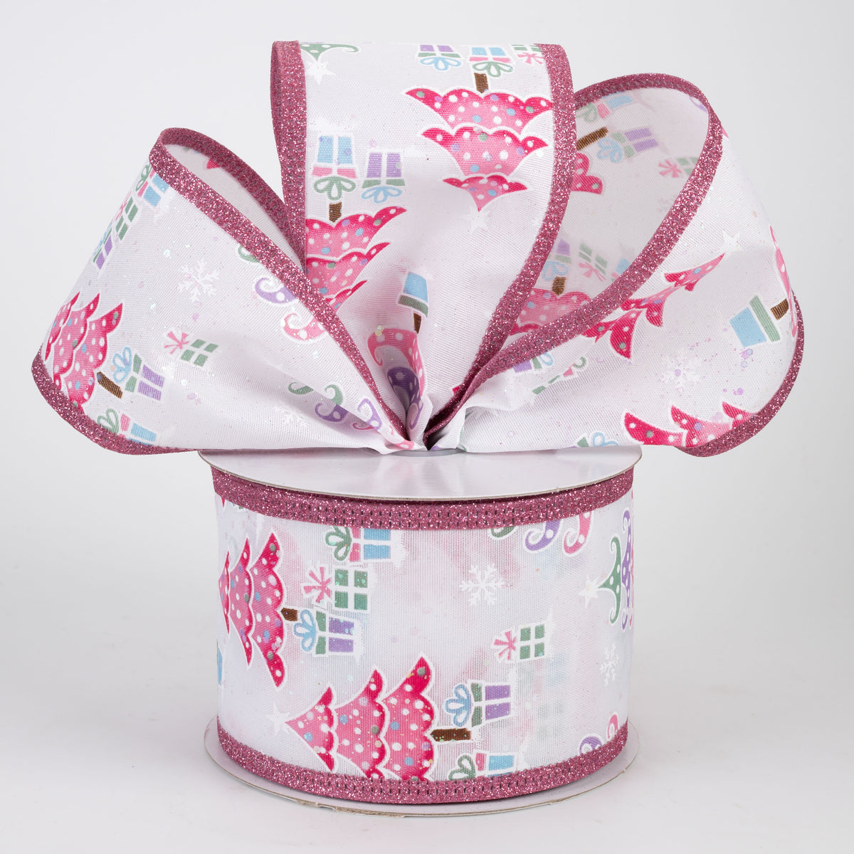 2.5" Cotton Candy Christmas Trees Glitter Edge Ribbon: Pink (10 Yards)