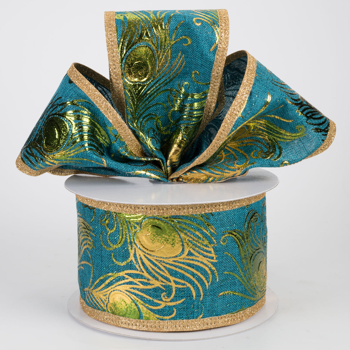 2.5" Linen Embossed Peacock Feathers Glitter Edge Ribbon: Teal & Gold (10 Yards)