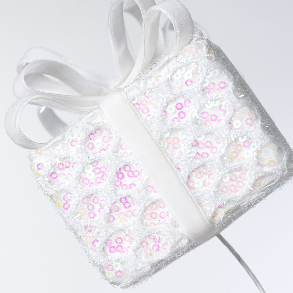 28" Mesh Wrapped Gift Box Spray: Iridescent White