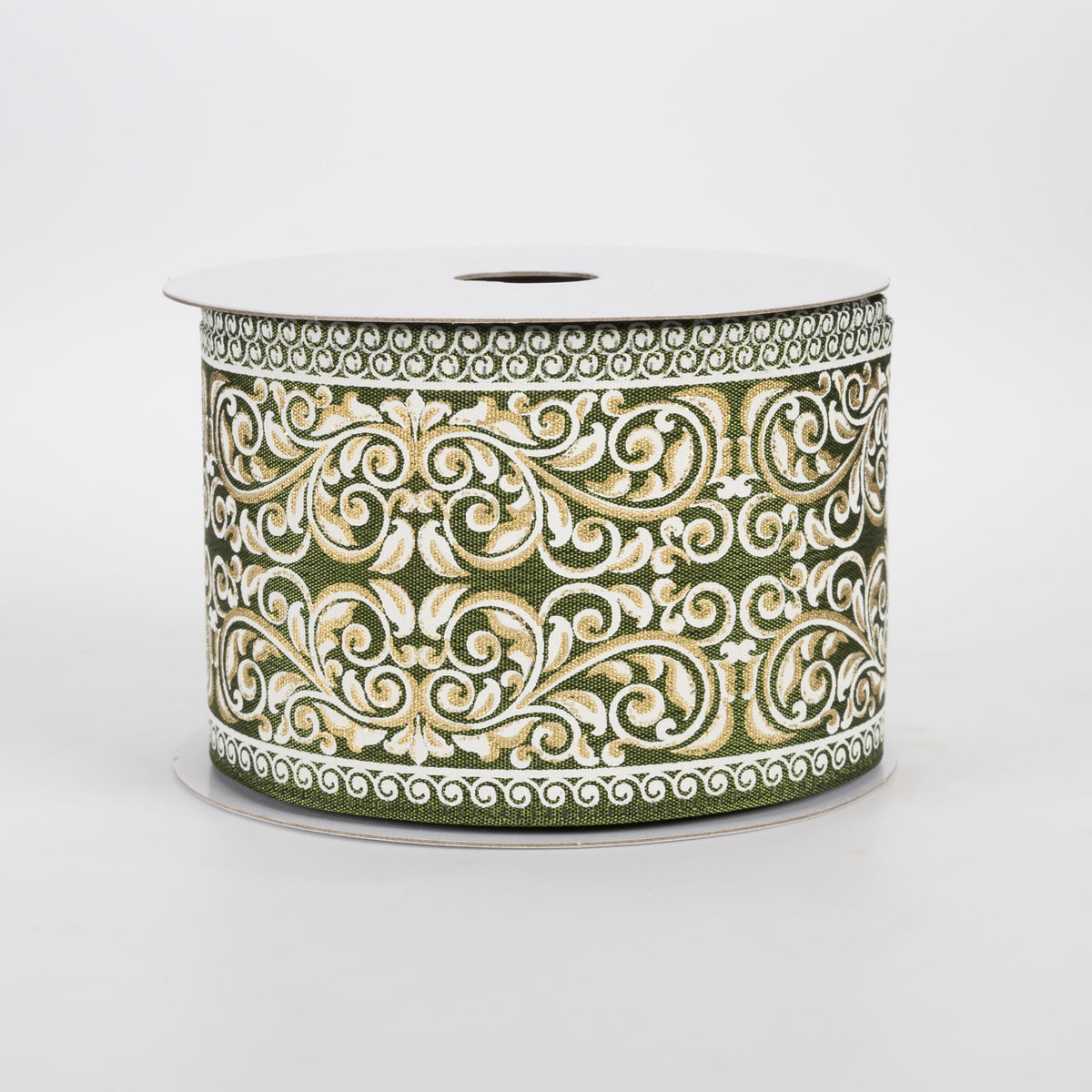 2.5" Ornate Damask Satin Ribbon: White & Gold on Moss (10 Yards)