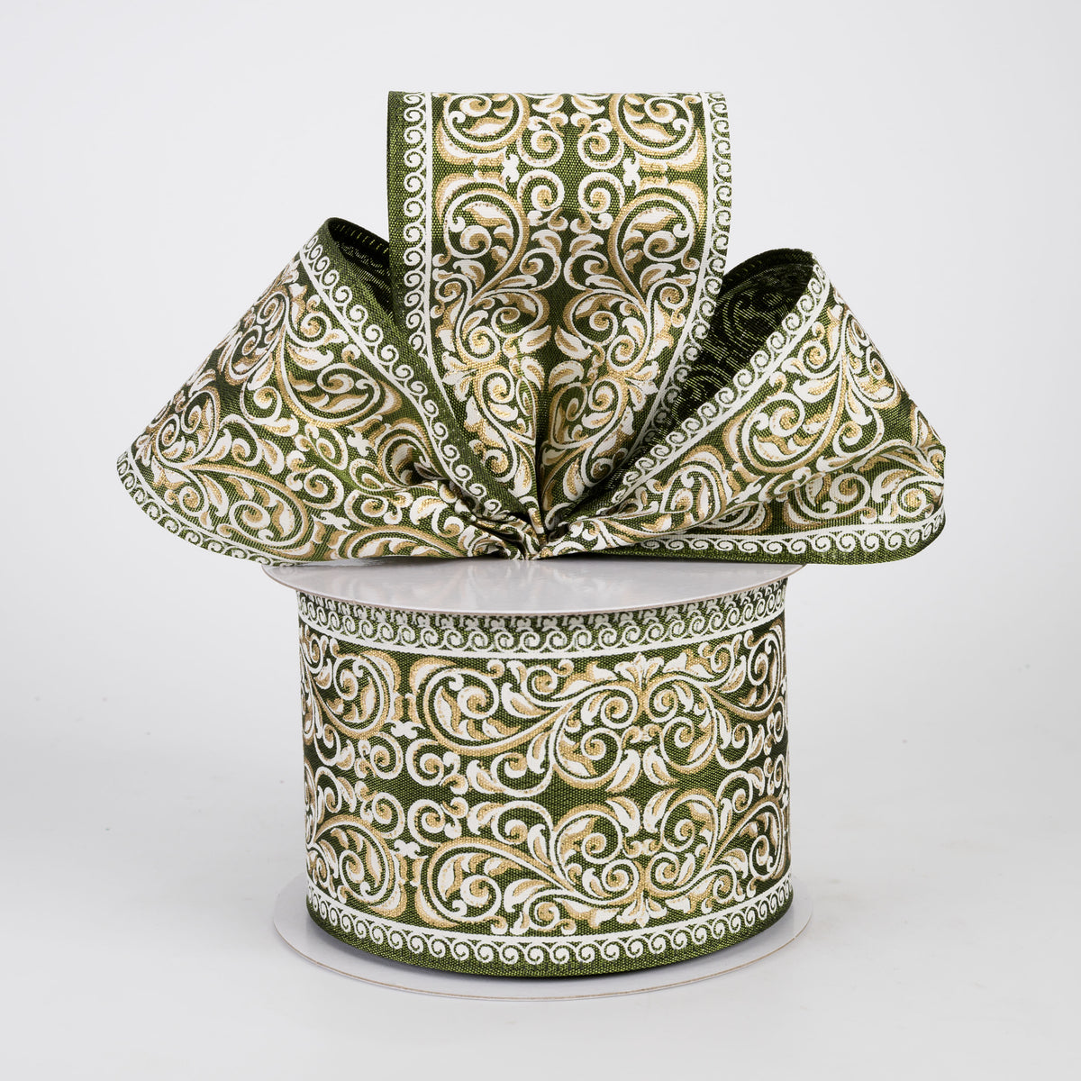 2.5" Ornate Damask Satin Ribbon: White & Gold on Moss (10 Yards)