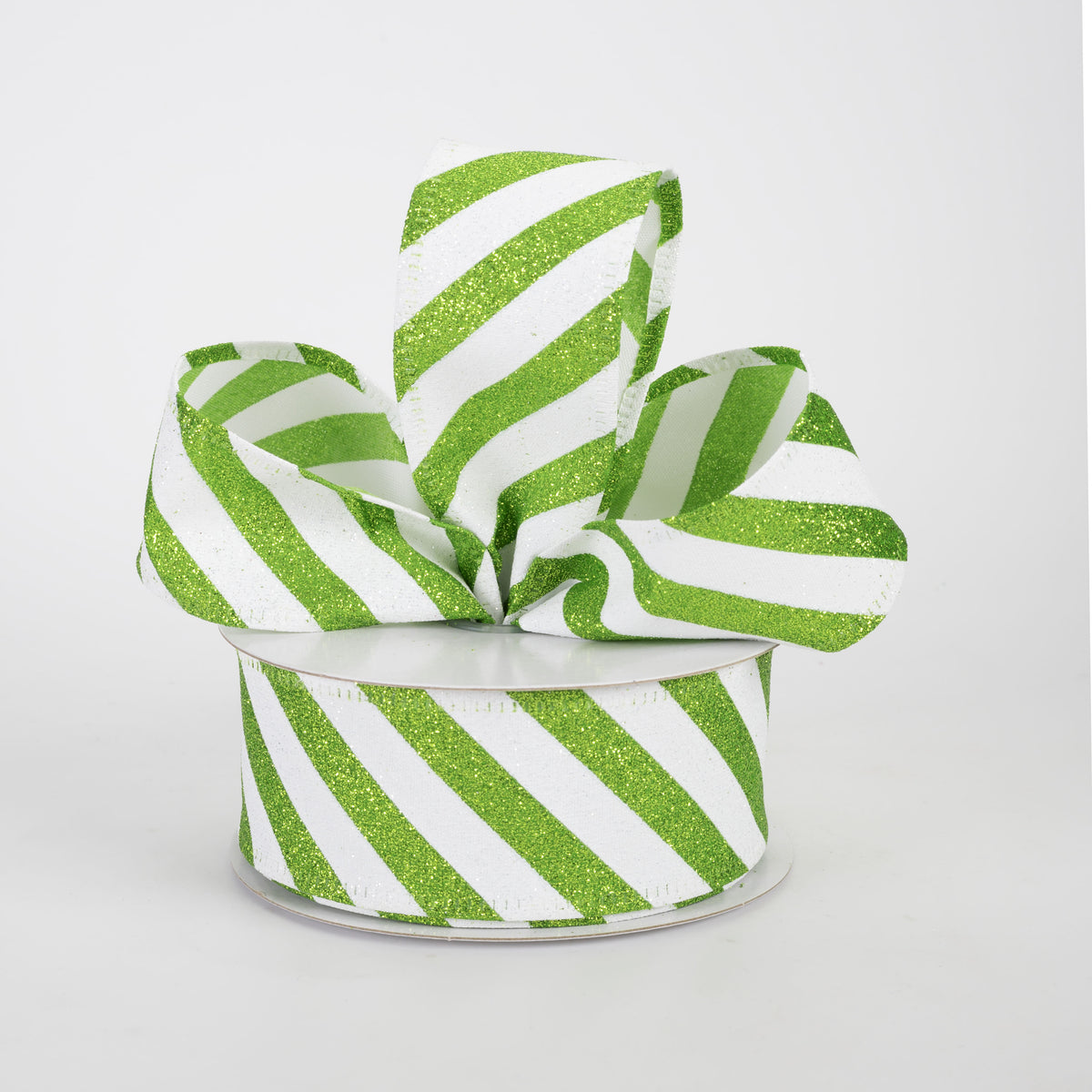 1.5" All Flat Glitter Candy Cane Stripe Ribbon: Lime Green & White (10 Yards)