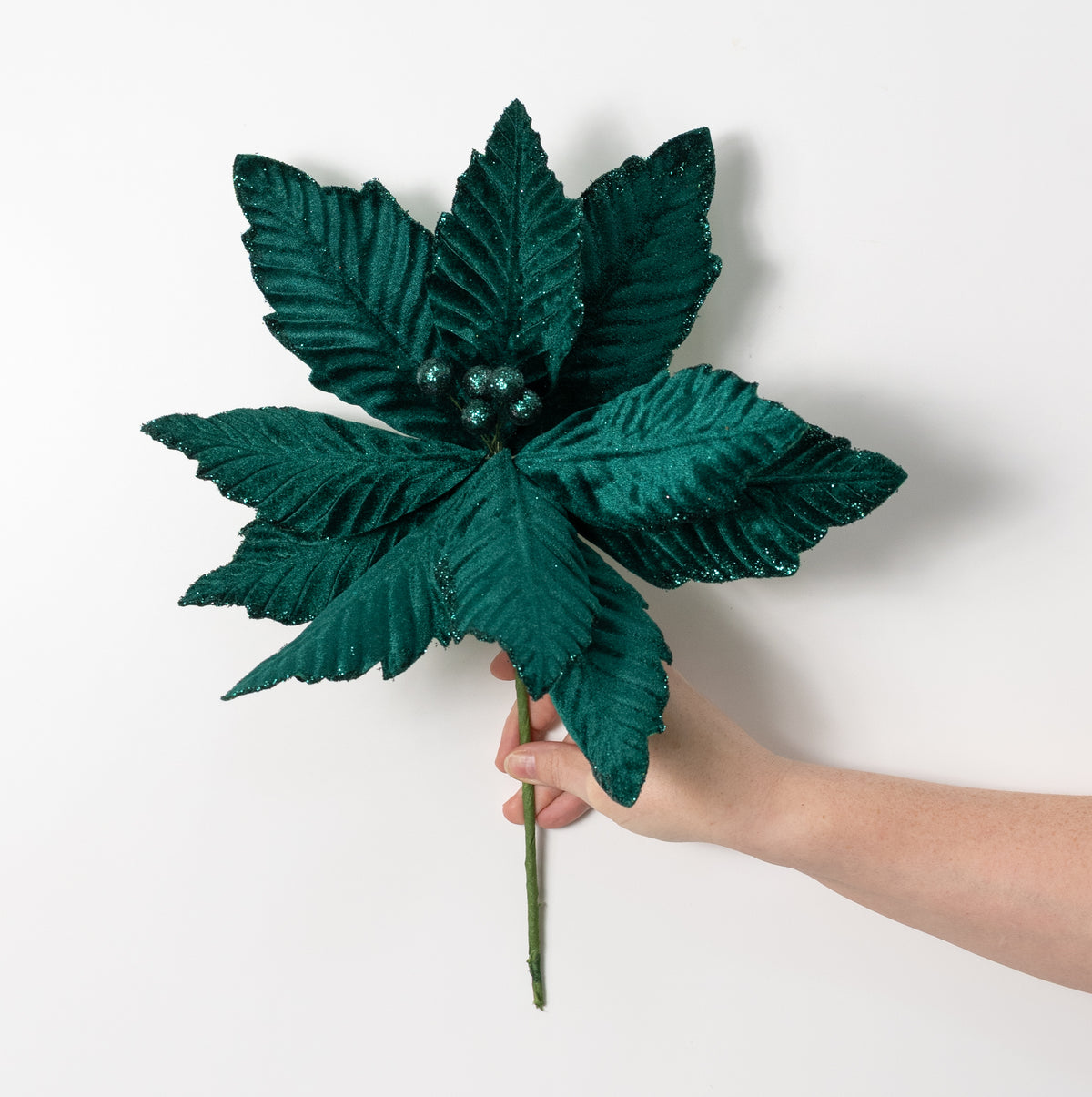 14" x 16" Velvet Poinsettia Stem: Teal Green