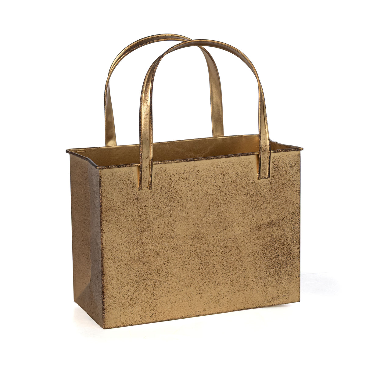 10" Distressed Metal Tote Bag Container: Antique Gold