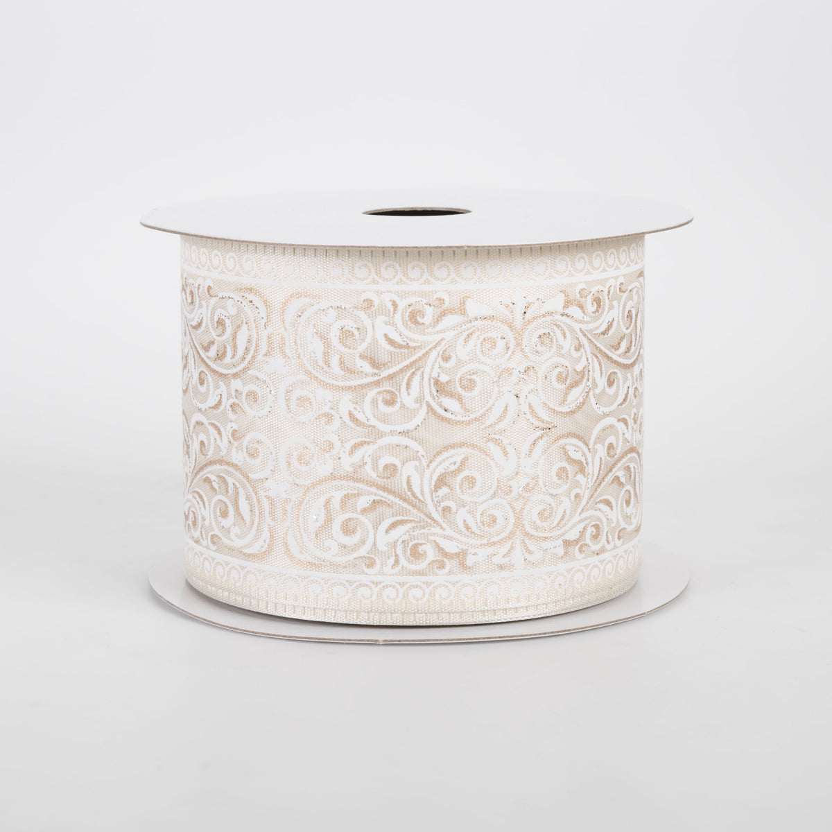 2.5" Ornate Damask Satin Ribbon: White & Gold on Ivory (10 Yards)