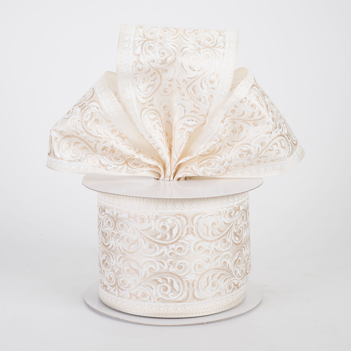 2.5" Ornate Damask Satin Ribbon: White & Gold on Ivory (10 Yards)