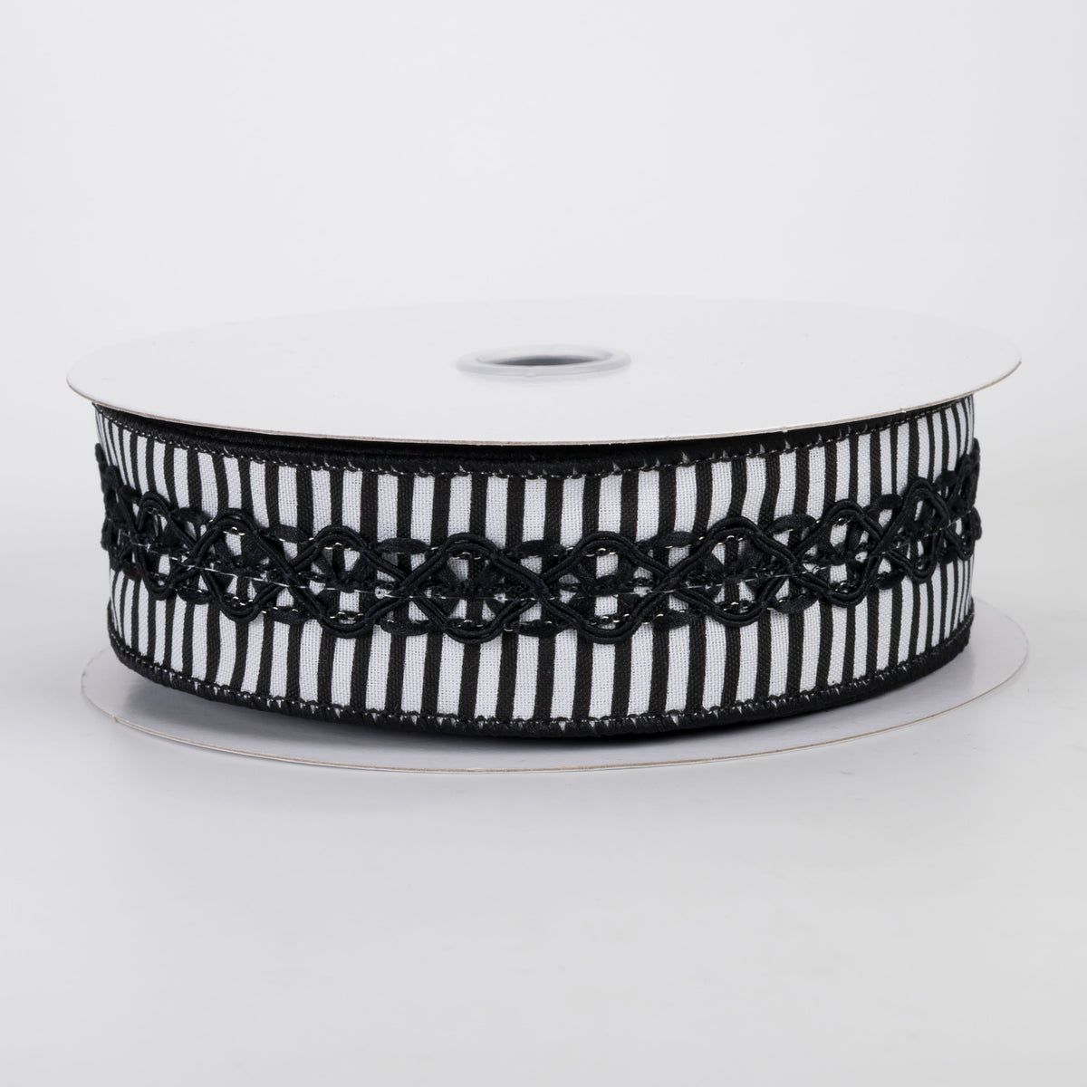 1.5" Horizontal Thin Stripes & Lace Ribbon: White & Black (10 Yards)
