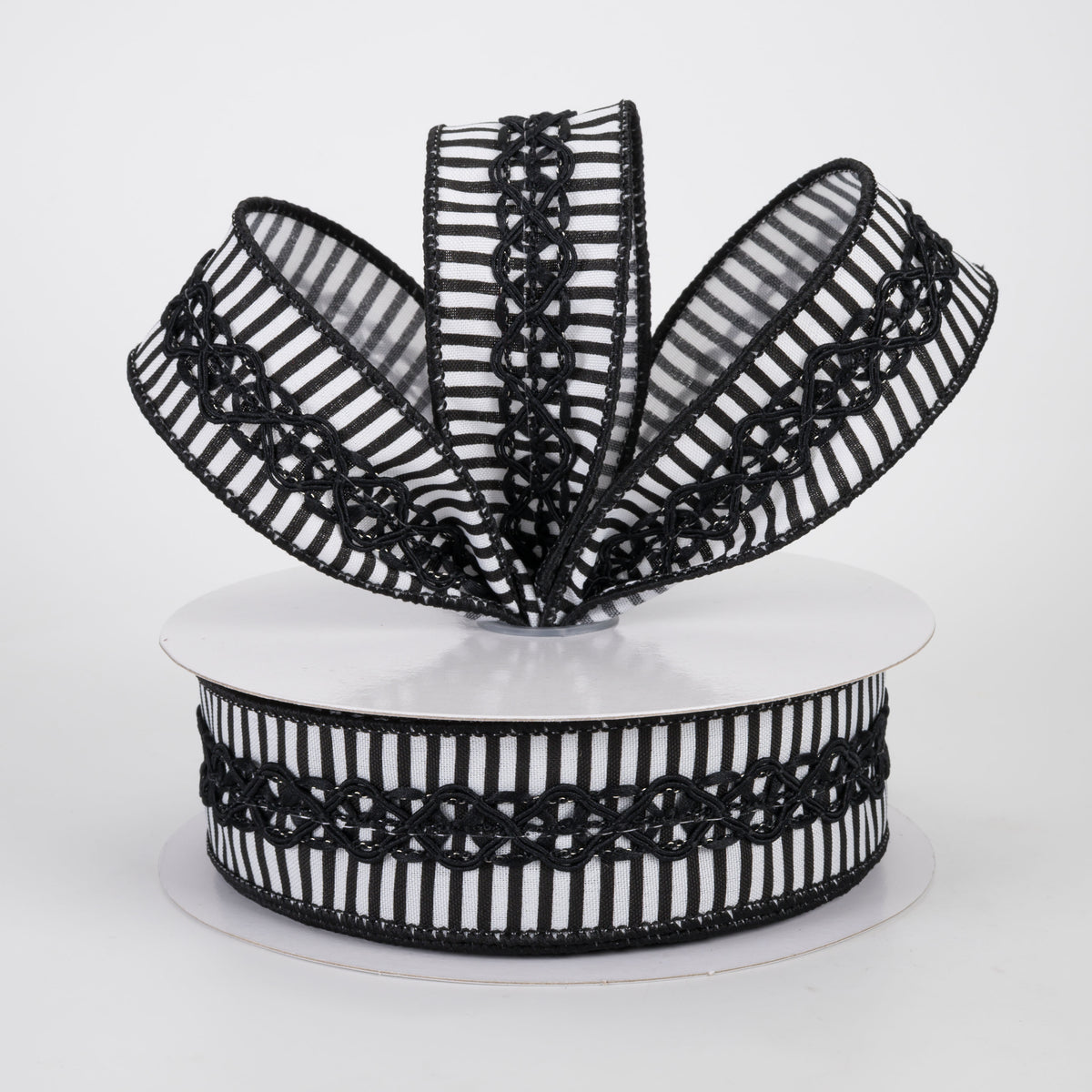 1.5" Horizontal Thin Stripes & Lace Ribbon: White & Black (10 Yards)