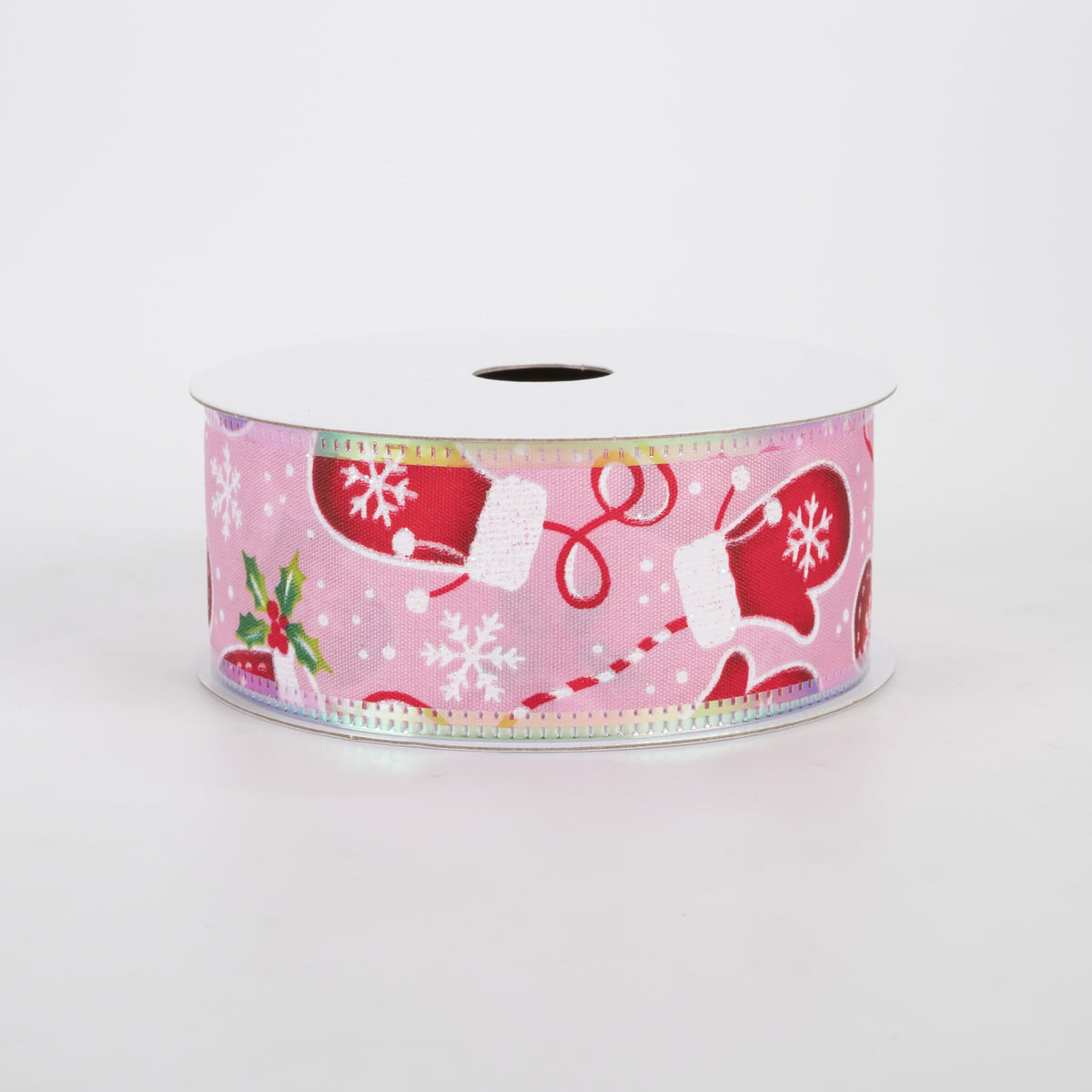 1.5" Satin Snowflakes & Mittens Iridescent Edge Ribbon: Pink (10 Yards)