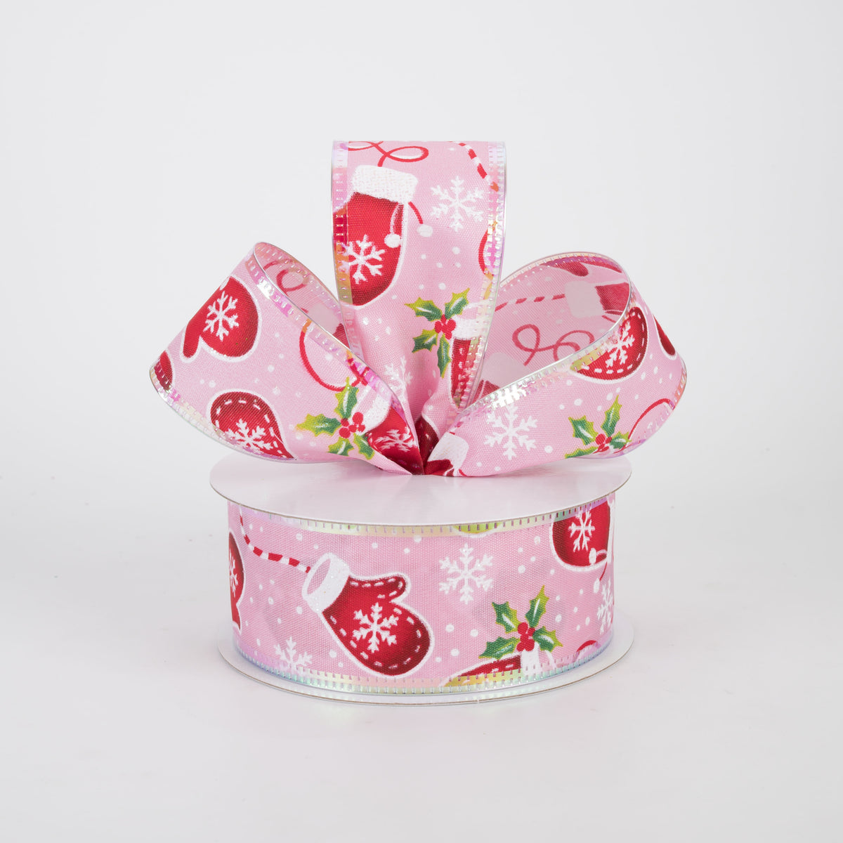 1.5" Satin Snowflakes & Mittens Iridescent Edge Ribbon: Pink (10 Yards)