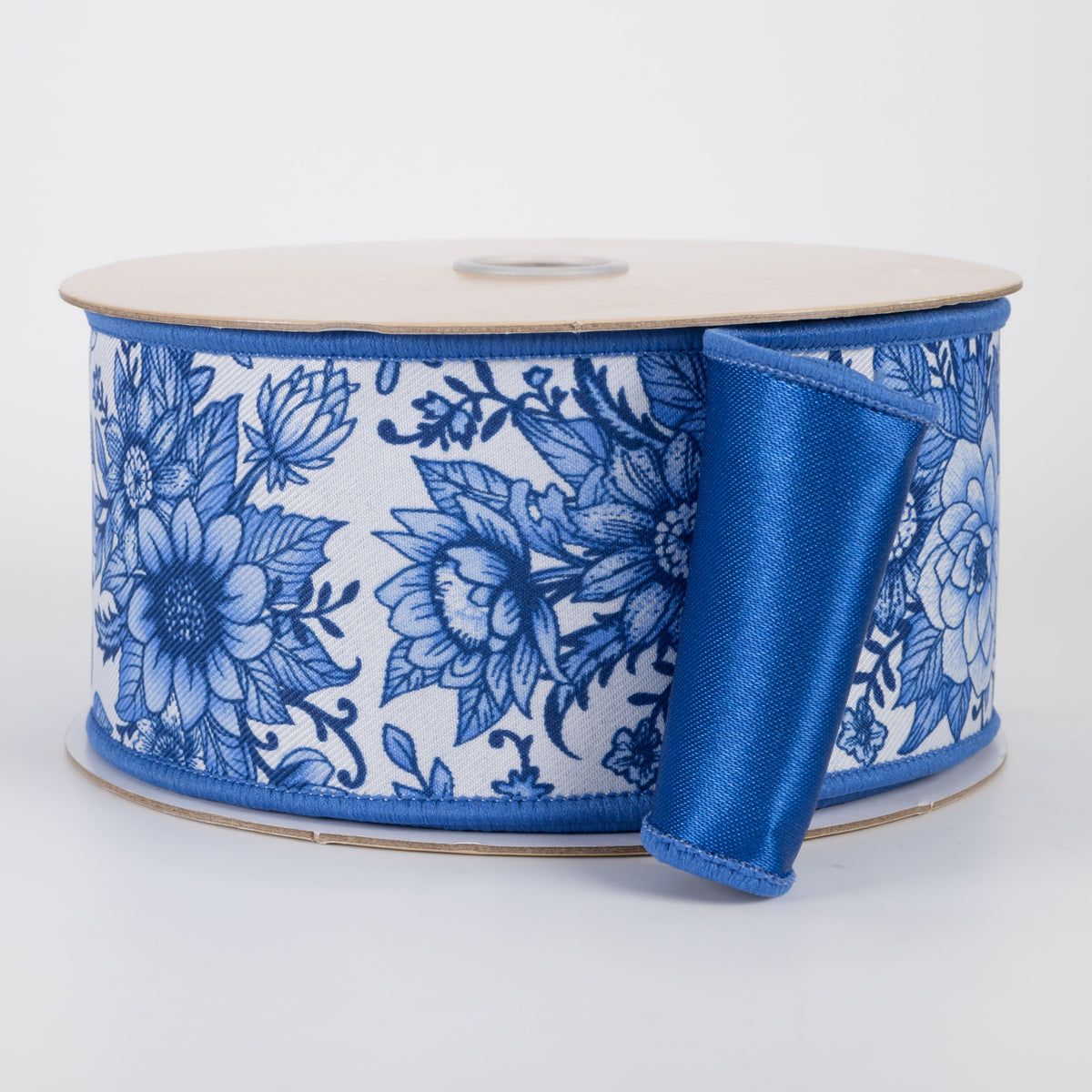 2.5" Double Sided Fused Chinoiserie Floral Ribbon: White & Blue (10 Yards)
