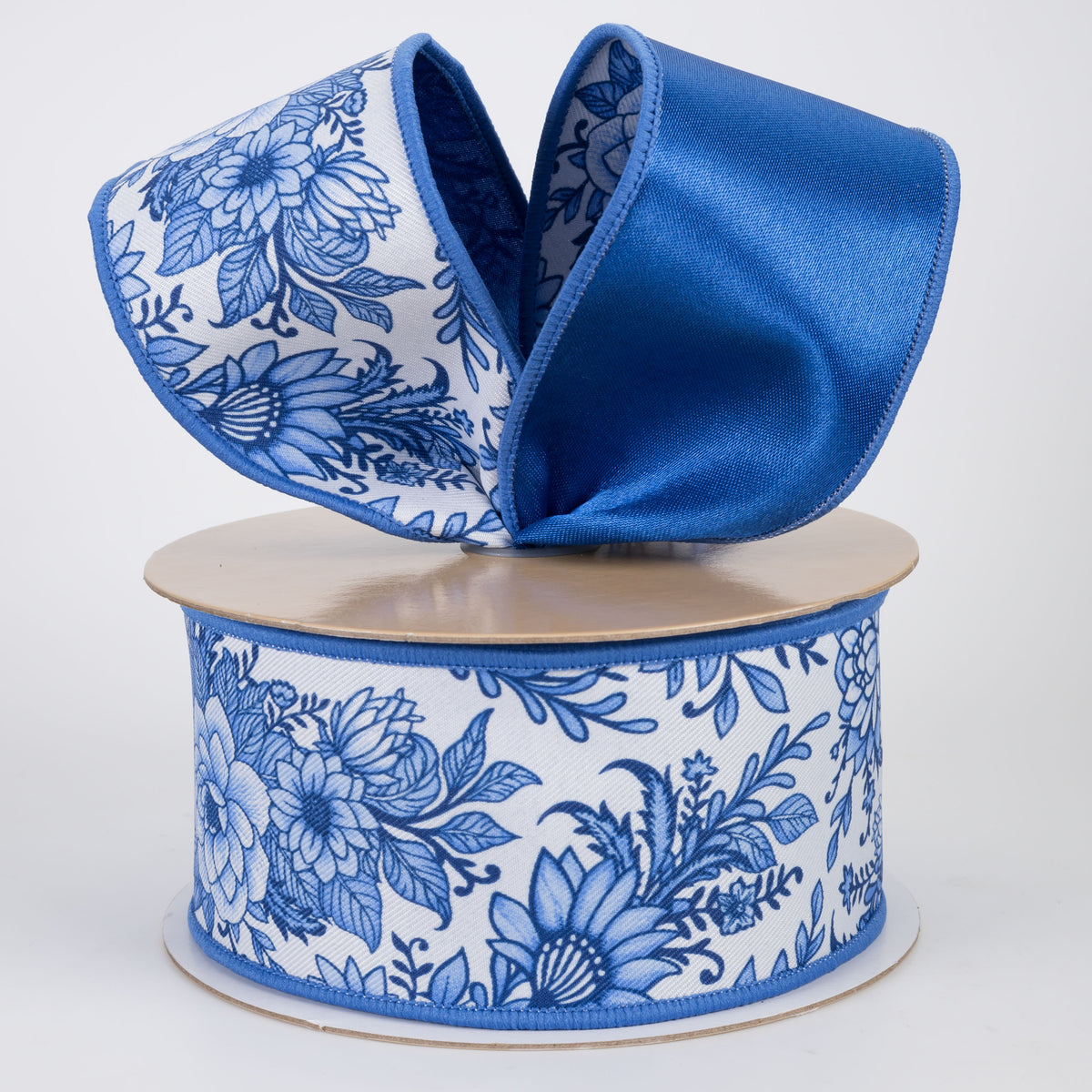 2.5" Double Sided Fused Chinoiserie Floral Ribbon: White & Blue (10 Yards)