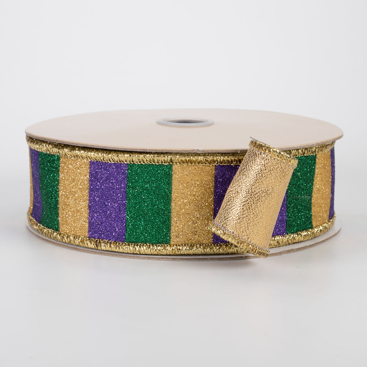 1.5" Double Sided Fused Glitter Stripes Ribbon: Mardi Gras (10 Yards)