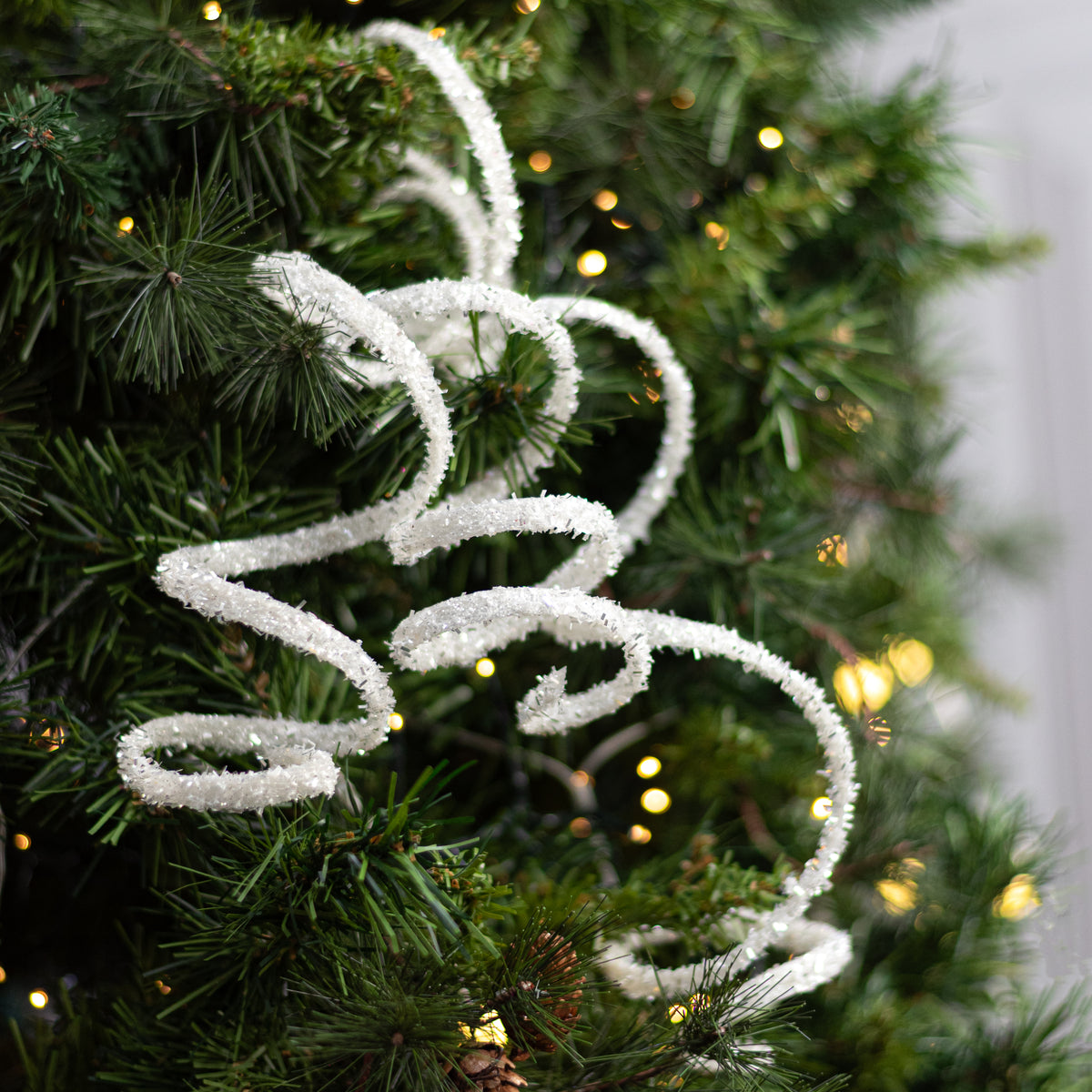 20" Glitter Curly Ribbon Hanging Spray: White & Silver
