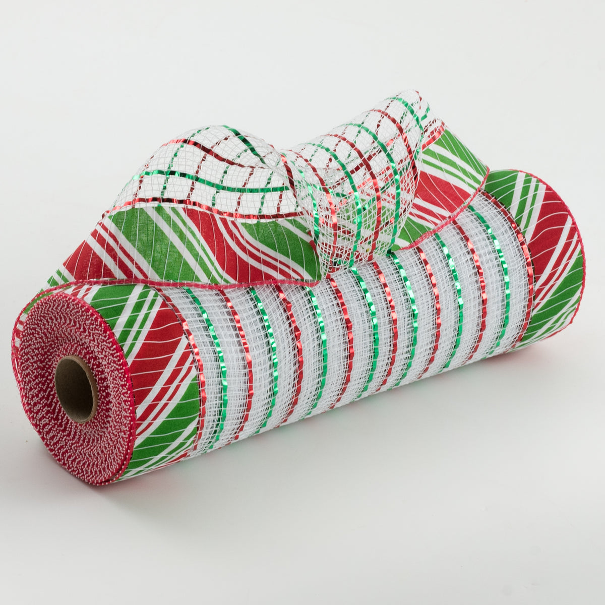 10" Ruffle Fabric Edge Metallic Mesh: Red & Green Candy Cane on White