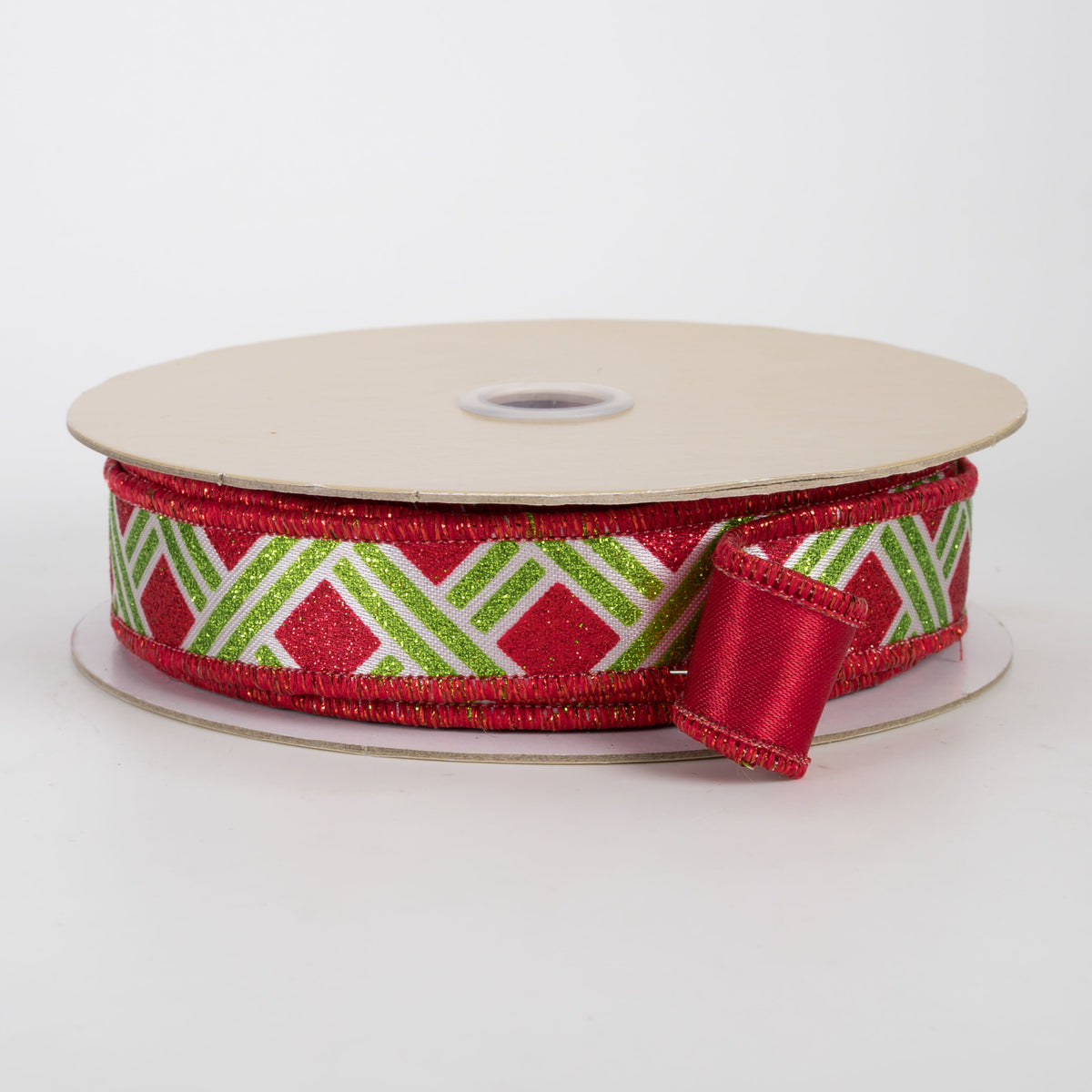 7/8" Double Sided Fused Metallic Basketweave Ribbon: Lime Green & Red (10 Yards)