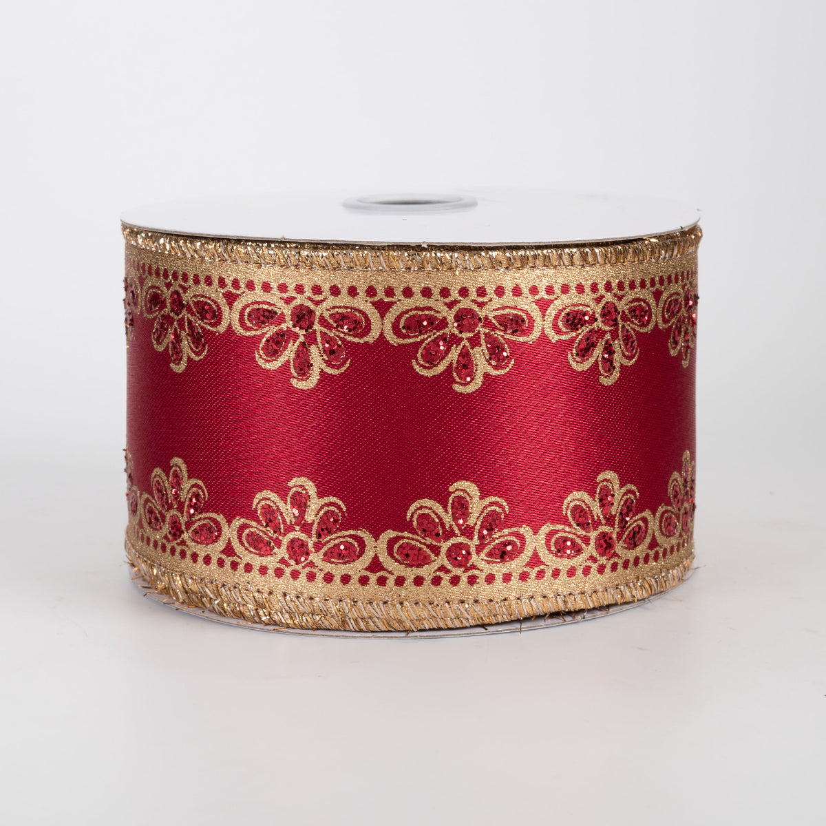 2.5" Lux Scalloped Trim Ribbon: Gold on Red (10 Yards)