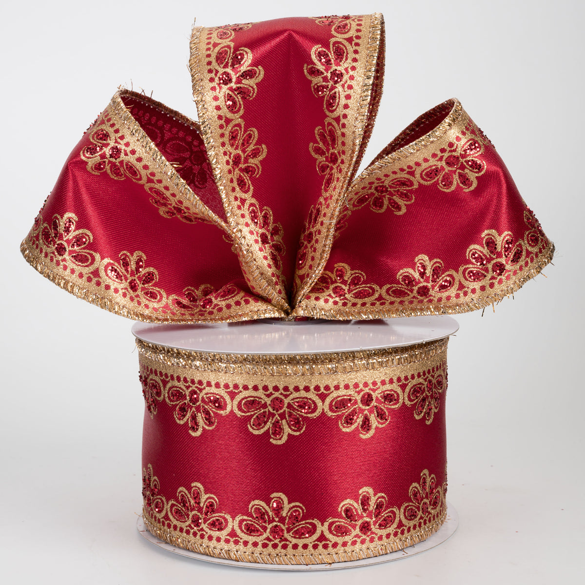 2.5" Lux Scalloped Trim Ribbon: Gold on Red (10 Yards)