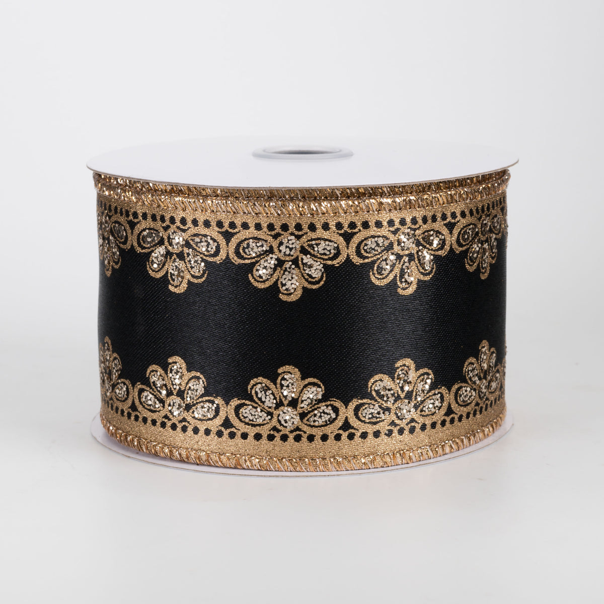 2.5" Lux Scalloped Trim Ribbon: Gold on Black (10 Yards)