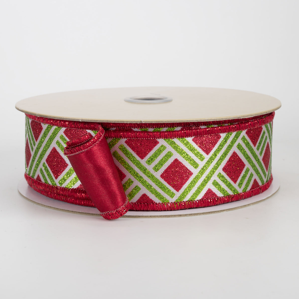 1.5" Double Sided Fused Metallic Basketweave Ribbon: Lime Green & Red (10 Yards)