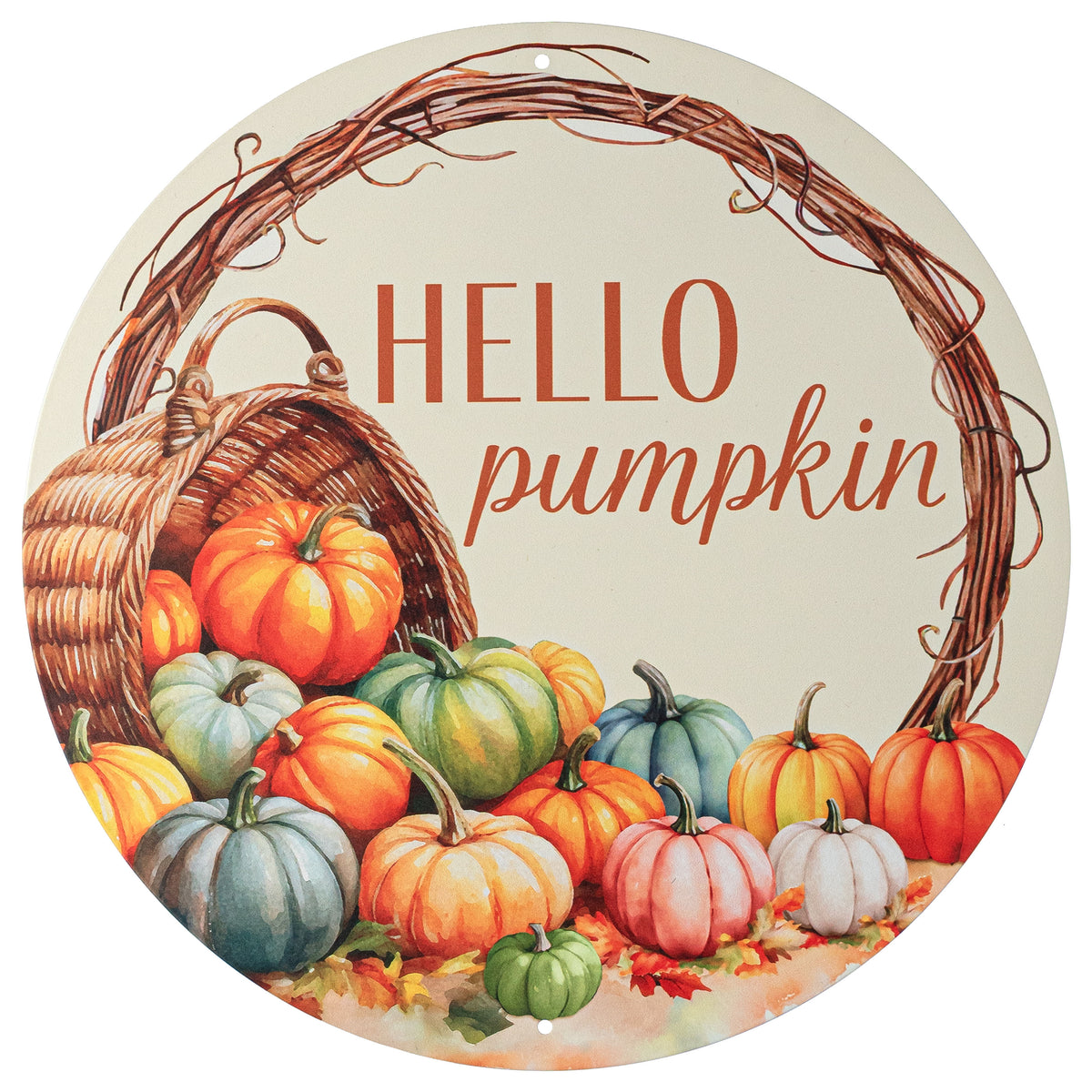 12" Round Metal Sign: Hello Pumpkin Basket