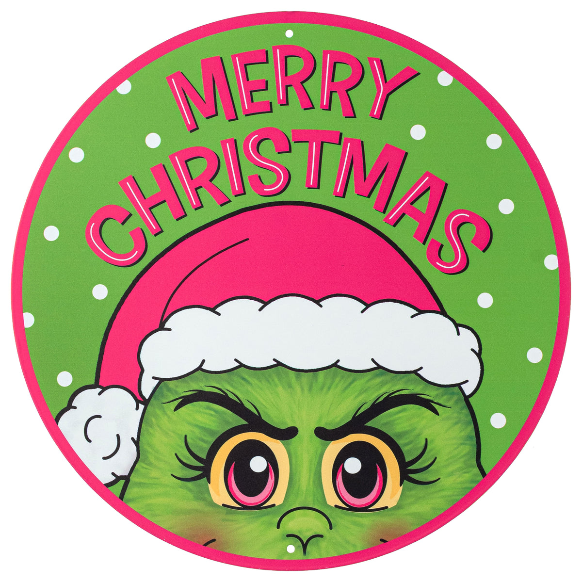 12" Metal Sign: Pink Furry Green Christmas Monster