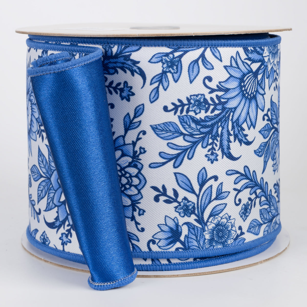 4" Double Sided Fused Chinoiserie Floral Ribbon: White & Blue (10 Yards)