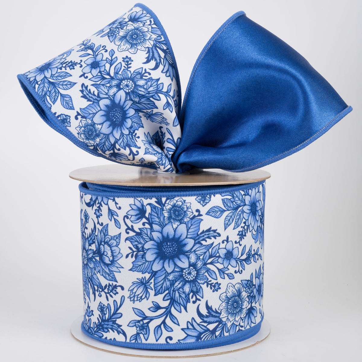 4" Double Sided Fused Chinoiserie Floral Ribbon: White & Blue (10 Yards)