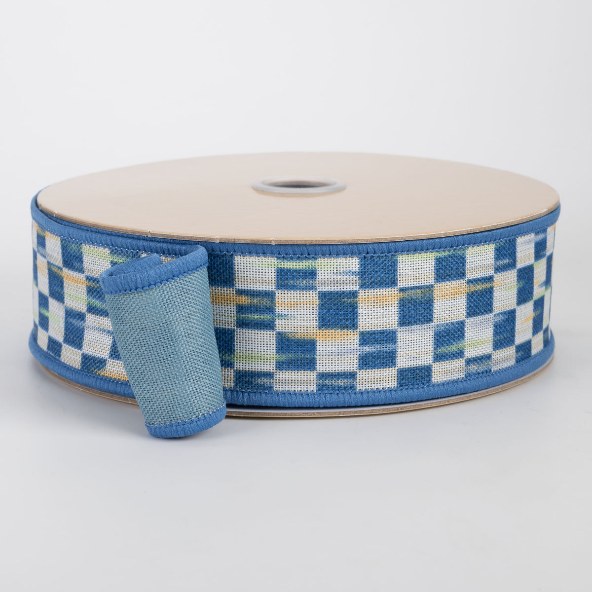 1.5" Double Sided Fused Mini Antique Checkerboard Ribbon: Beige & Blue (10 Yards)