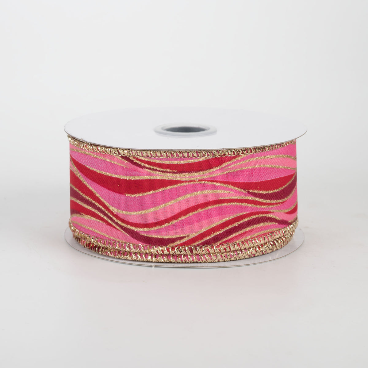 1.5" Glittered Wavy Stripes Ribbon: Red, Pink, Gold (10 Yards)