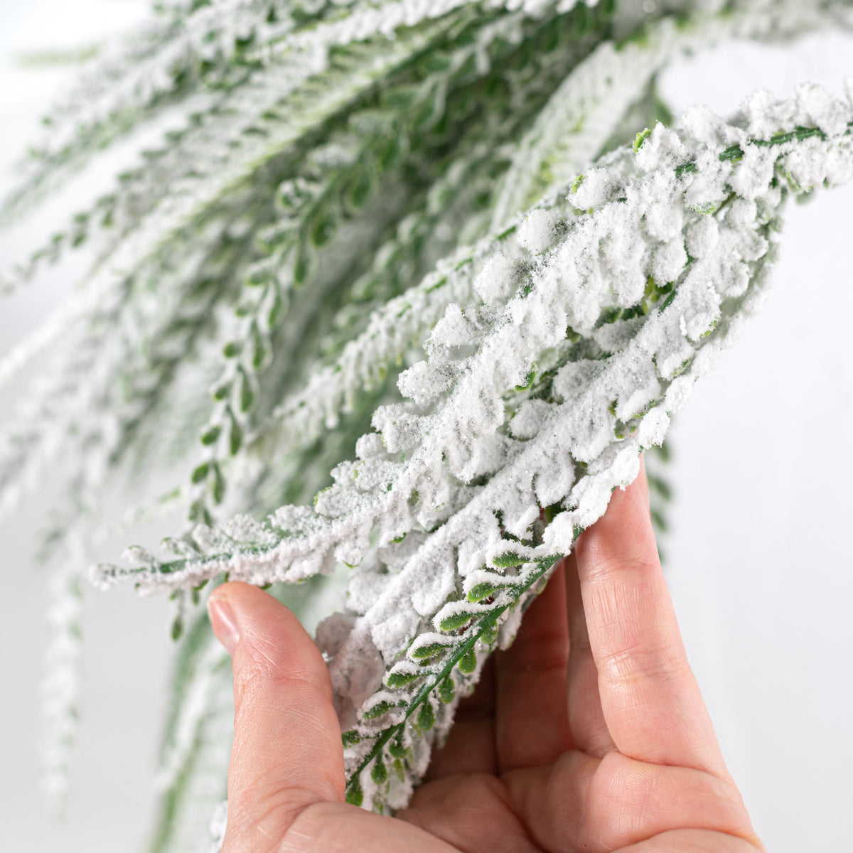 31" Plastic Leaves Button Fern Hanging Bush: Flocked Snow Green (5 Stem)