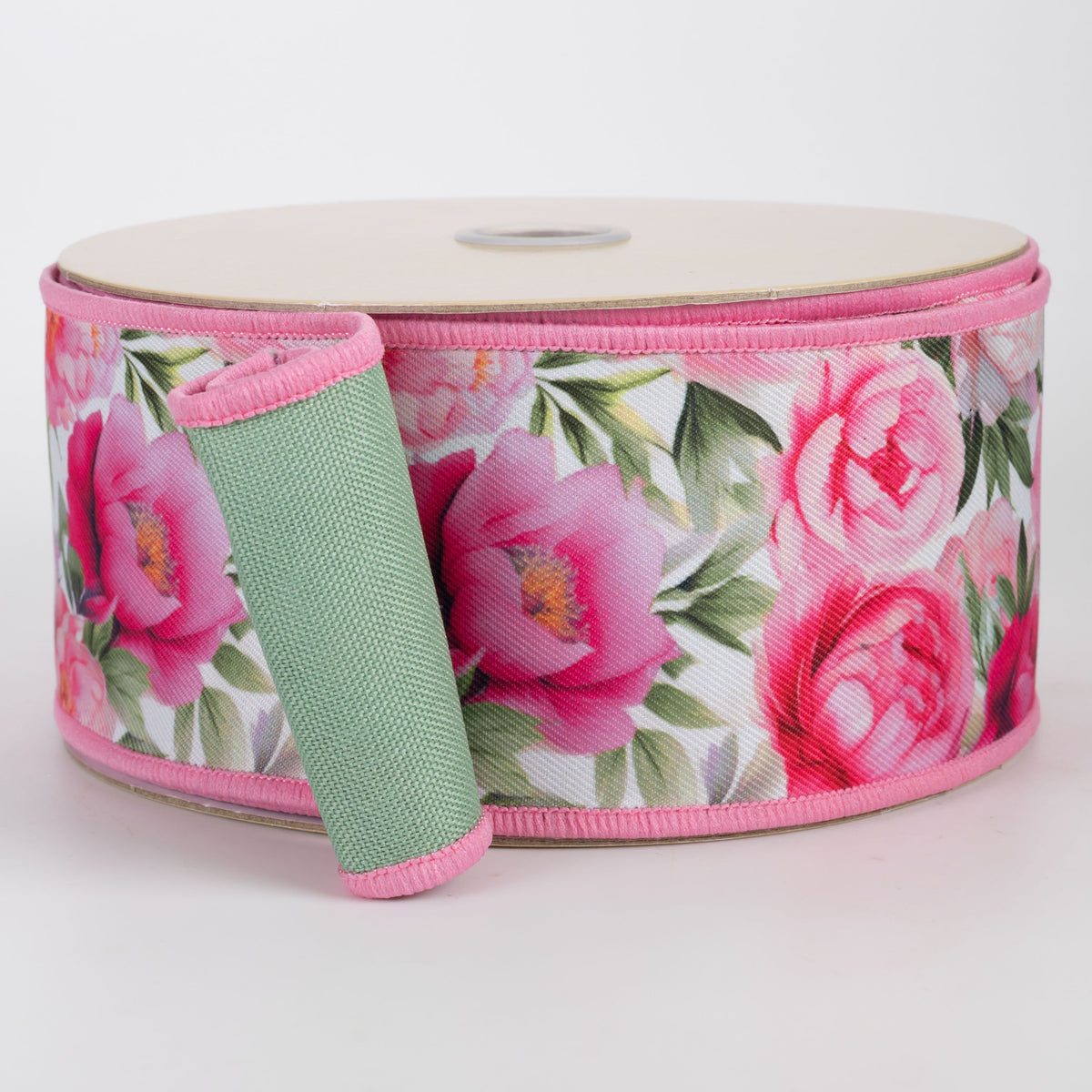 2.5" Double Sided Fused Peonies Ribbon: Pink & Green (10 Yards)